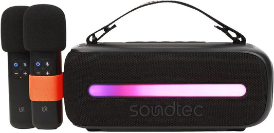 Porodo Soundtec 24W Speaker with Dual Wireless Microphone, BT V5.3, Stereo Sound, Deep Bass, FM Functions, Multi-Function Buttons, RGB Light, USB Playback, for Karaoke, Singing, Music Playing - Black
