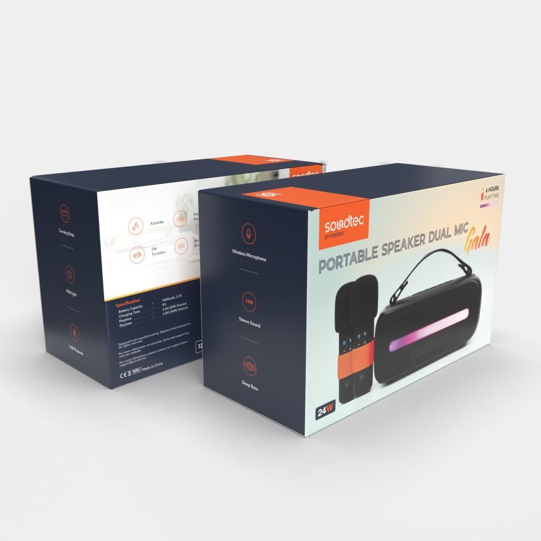 Porodo Soundtec 24W Speaker with Dual Wireless Microphone, BT V5.3, Stereo Sound, Deep Bass, FM Functions, Multi-Function Buttons, RGB Light, USB Playback, for Karaoke, Singing, Music Playing - Black