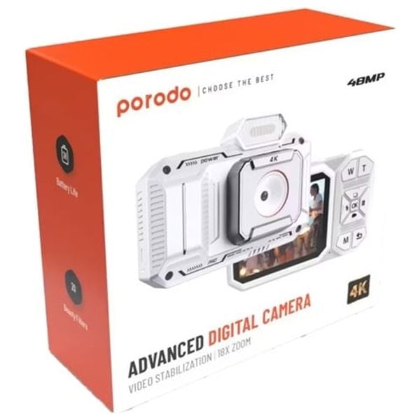 Porodo Advanced Digital Camera Video - Capture high-quality photos and videos with ease - Smooth and stable footage thanks to stabilization - White
