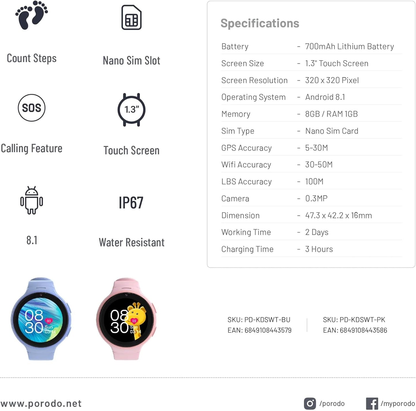 Porodo 4G Kids GPS Smart Watch with JuniCare app - Blue