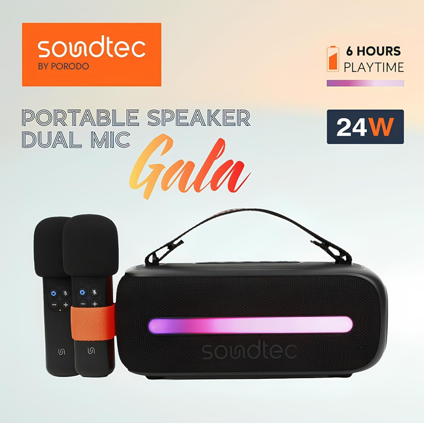 Porodo Soundtec 24W Speaker with Dual Wireless Microphone, BT V5.3, Stereo Sound, Deep Bass, FM Functions, Multi-Function Buttons, RGB Light, USB Playback, for Karaoke, Singing, Music Playing - Black